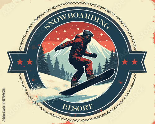 A skilled snowboarder glides down a snowy slope at a resort, surrounded by majestic mountains and clear blue skies. The vibrant winter scene captures the thrill of snowboarding.