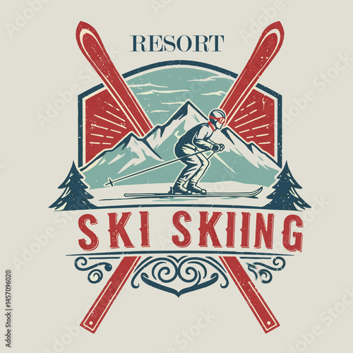 A skier enjoys the thrill of downhill skiing at a mountain resort on a clear winter day. The background features towering peaks and dense pine trees, enhancing the winter atmosphere.