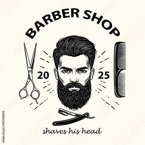 A stylish barber shop design shows a bearded man near scissors and a comb, representing grooming services. Ideal for barbershop decor or promotional materials.