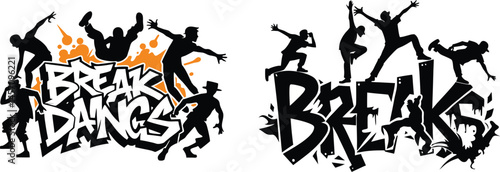 Silhouettes of breakdancers, skaters, and graffiti artists