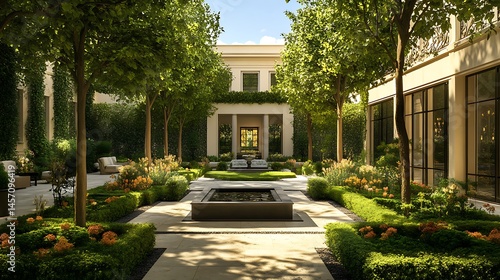 Dream home architecture green landscape flowering trees backyard pool distant mountains perfect serenity image