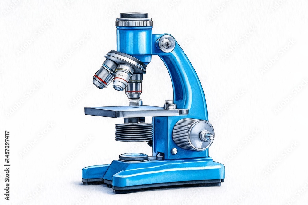 Fototapeta premium Watercolor : A Blue Microscope Study - Detailed watercolor illustration of a classic blue microscope, symbolizing science, discovery, observation, precision, and education