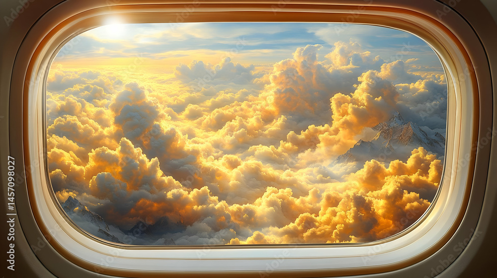 Naklejka premium Golden Cloudscape Viewed from Airplane Window at Sunset