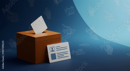 Wooden ballot box with a blank voting slip and an ID card.  Vote!