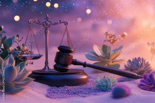 A dreamy depiction of justice with scales and a gavel nestled among succulents under a starry, ethereal sky, creating a surreal composition.
