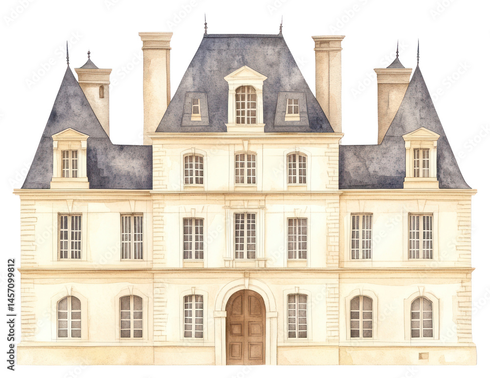 Fototapeta premium PNG French chateau architecture illustration watercolor.