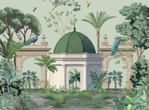 Traditional Mughal Garden Illustration, Mughal Dome.