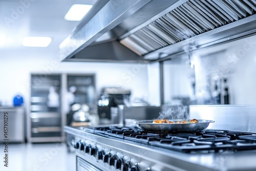 Fototapeta Naklejka Na Ścianę i Meble -  A modern commercial kitchen with stainless steel appliances and food cooking on a stovetop.