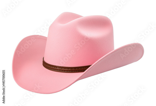 Pink cowboy hat with brown band, cut out - stock png.