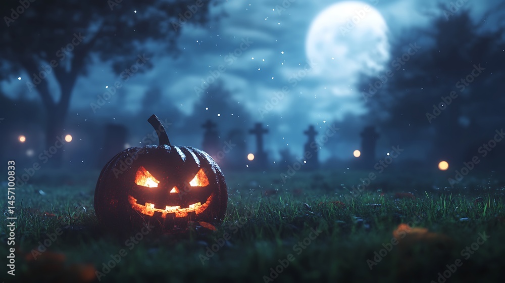 Fototapeta premium Jack-o’-lantern sitting haunted grass graveyard glowing moonlight fog Halloween night scary shadows image
