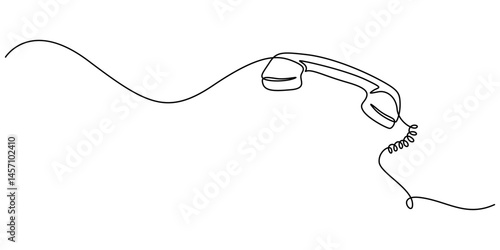 One line drawing of isolated vector object telephone receiver. Vintage retro telephone communication concept, Line drawing handset cell. Single draw phone icon,  Old telephone minimalism Premium pro.