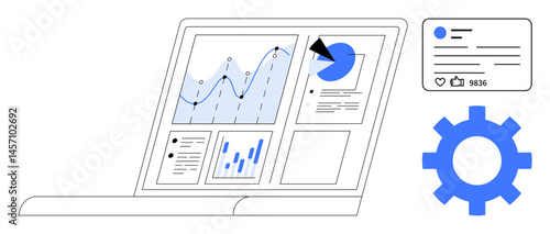 Laptop interface with graphs, charts, social media engagement, and a gear for settings management. Ideal for analytics, marketing, technology, business insights, digital strategy education simple