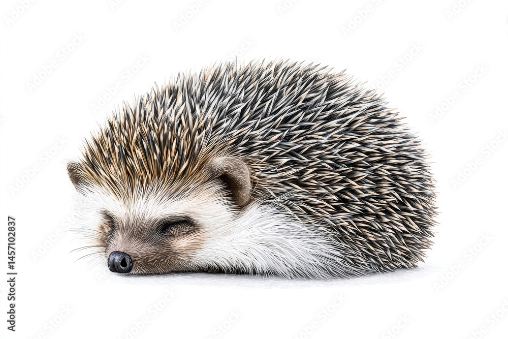Fototapeta premium Watercolor Hedgehog Portrait: Peaceful Slumber - A serene watercolor painting of a small hedgehog sleeping peacefully. Symbolizing tranquility, nature, quietude, vulnerability, and protection