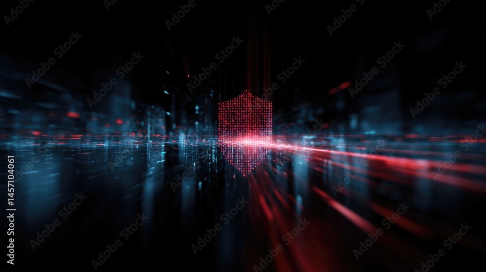 Fototapeta premium Abstract Digital Shield: Red Binary Code in Futuristic Cyberspace
