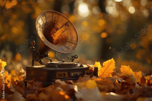 Vintage gramophone amidst autumn leaves, a nostalgic scene of golden hues and mellow sounds.