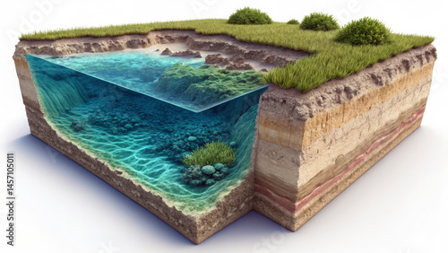3D Isometric Cross-Section of River Trench with Underwater Geological Layers