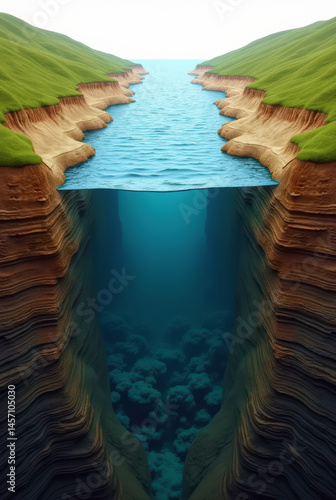 3D Isometric River Cross-Section with Geological and Coral Features