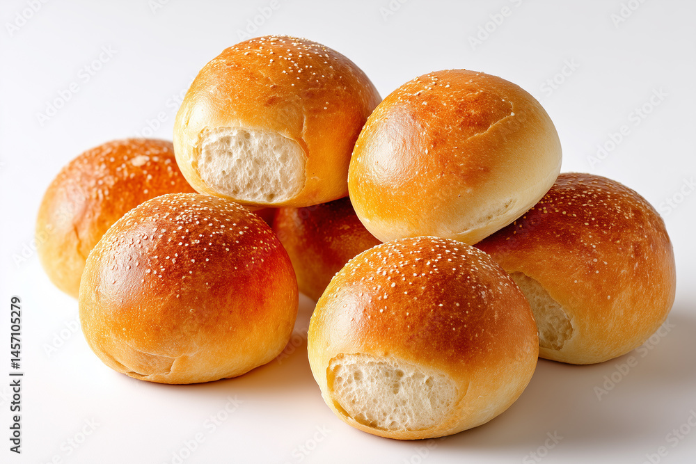 Minimalist display of freshly baked round dinner rolls stacked with a golden crust and soft interior. Clean white background emphasizes the texture, ideal for restaurants, catering, bakery concepts Minimalist display of freshly baked round dinner rolls stacked with a golden crust and soft interior. Clean white background emphasizes the texture, ideal for restaurants, catering, bakery concepts