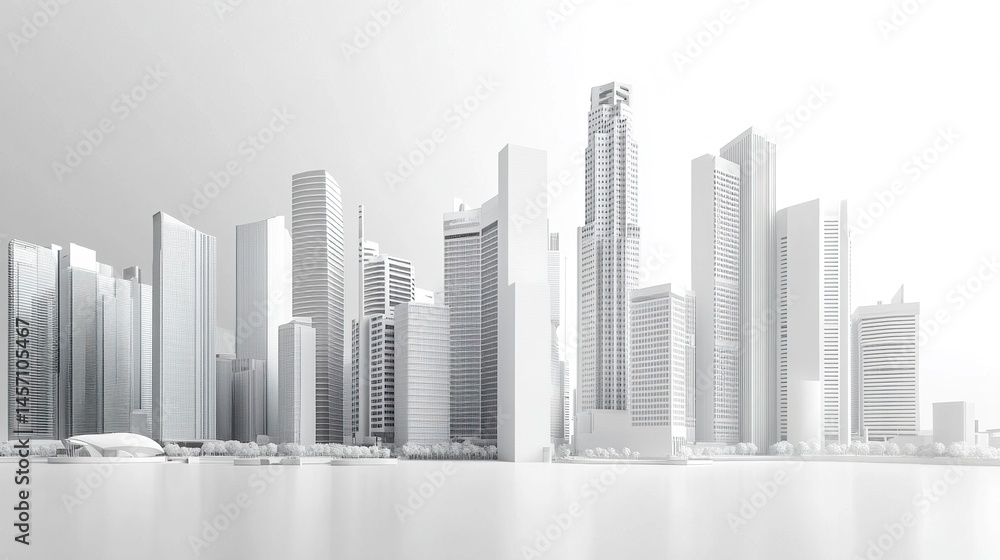 Fototapeta premium Modern Singapore cityscape Marina Bay Sands futuristic towers clean white backdrop sleek urban aesthetic minimalist design. 