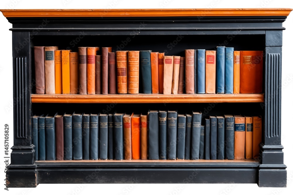 Fototapeta premium A black bookcase filled with lots of old books