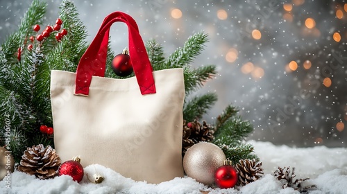 Christmas tree decorations surrounding a canvas tote bag on a snowy surface