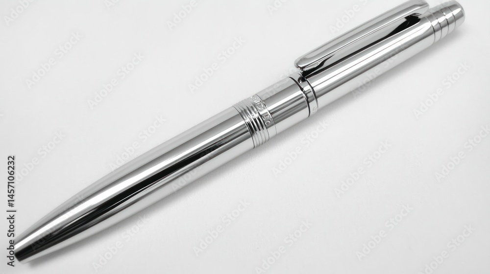 A shiny silver pen lying on a plain white surface A shiny silver pen lying on a plain white surface