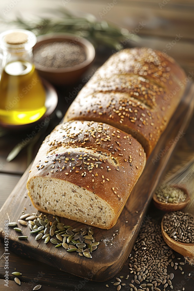 Whole Grain Bread Loaf with Seeds and Olive Oil for Gourmet Cooking and Baking Inspiration