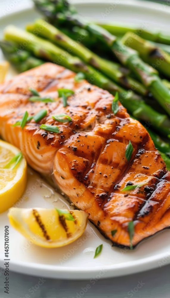 Grilled Salmon with Steamed Asparagus and Lemon on White Plate for Culinary Presentation