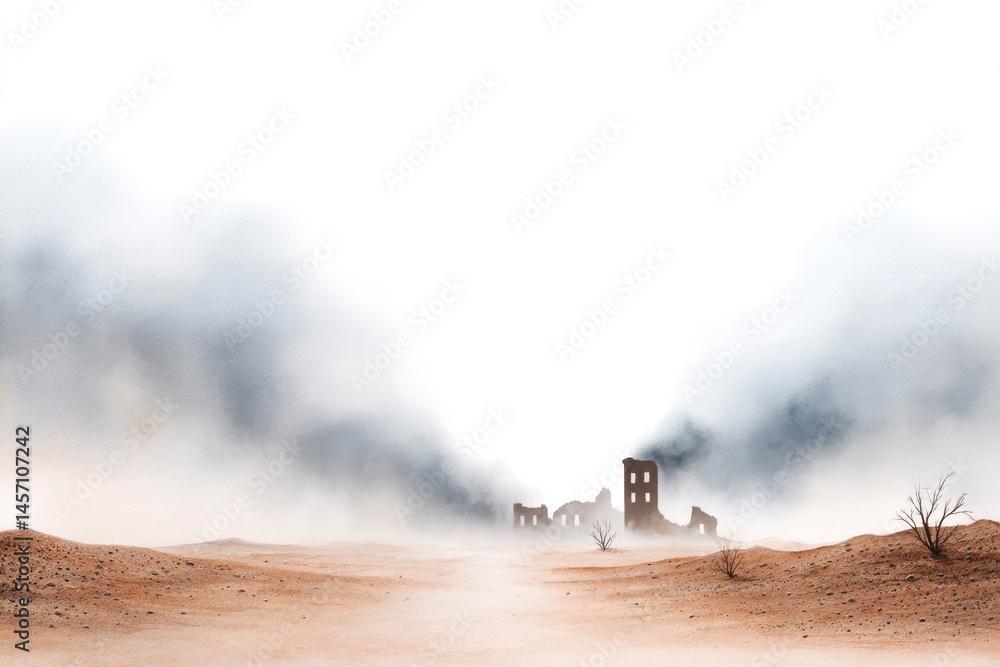 Obraz premium Watercolor Sandstorm Ruins - A watercolor painting depicting an abandoned town consumed by a sandstorm, symbolizing desolation, loss, time, nature's power, and resilience
