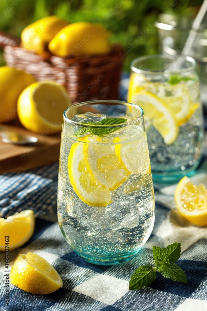 Refreshing Summer Drink with Sparkling Lemonade and Mint on a Picnic Blanket
