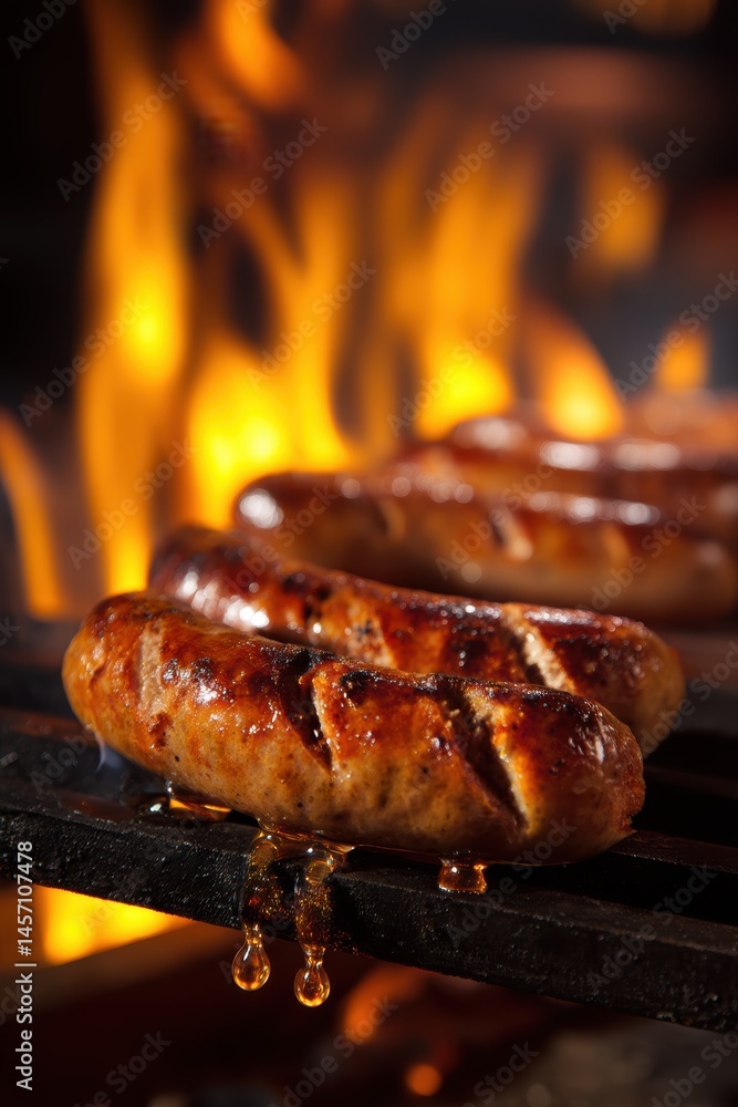 Grilled Sausage on Open Flame - Juicy Sizzle and Culinary Delight for BBQ Menus