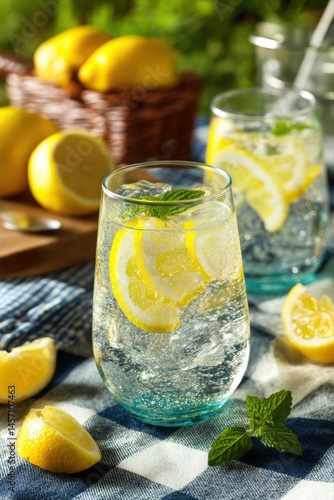 Obraz na płótnie Refreshing Summer Drink with Sparkling Lemonade and Mint on a Picnic Blanket w salonie