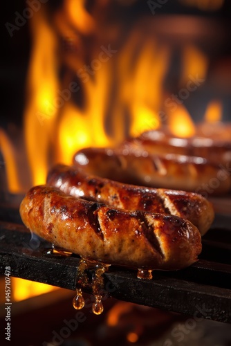 Obraz na płótnie Grilled Sausage on Open Flame - Juicy Sizzle and Culinary Delight for BBQ Menus w salonie