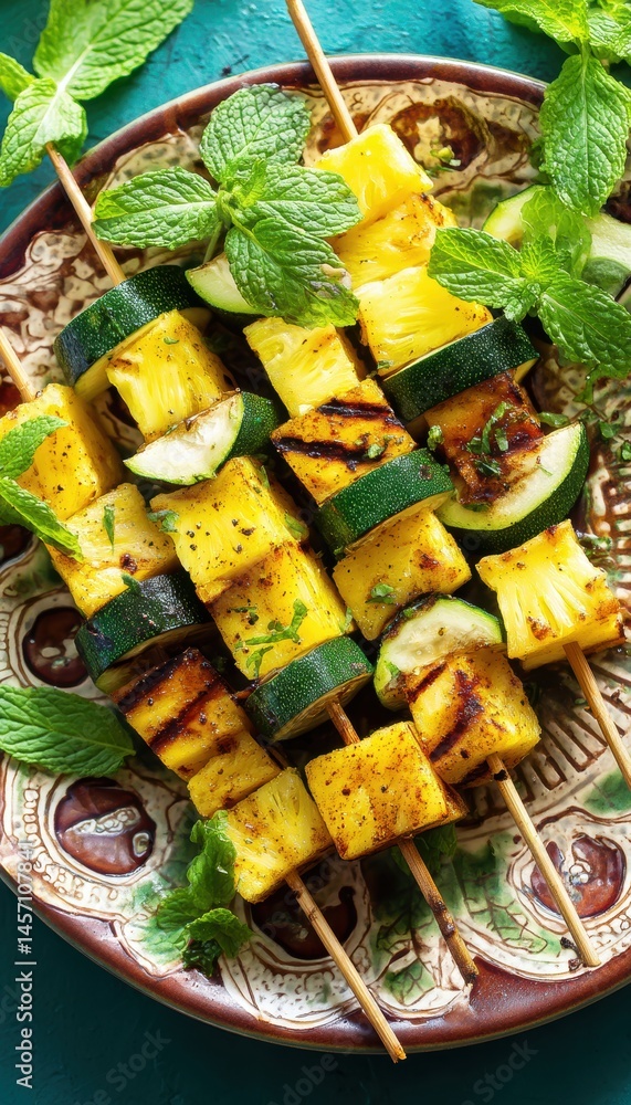 Vegan Grilled Pineapple and Zucchini Skewers with Fresh Mint Garnish for Summer Dining