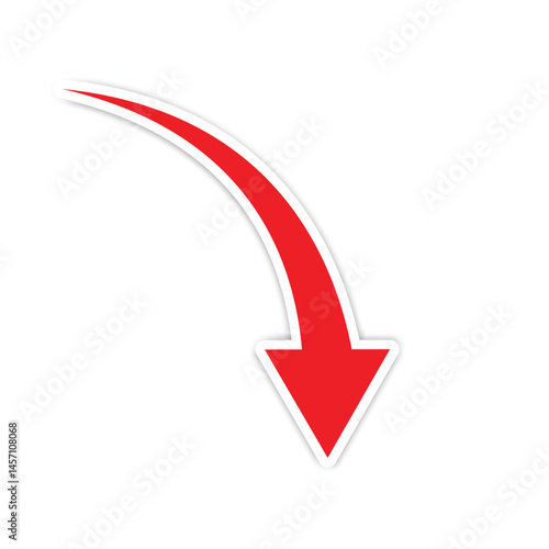 A bright red arrow curves downward against a clean white background, symbolizing a decrease or negative trend. It is ideal for illustrating financial loss or downward movement.