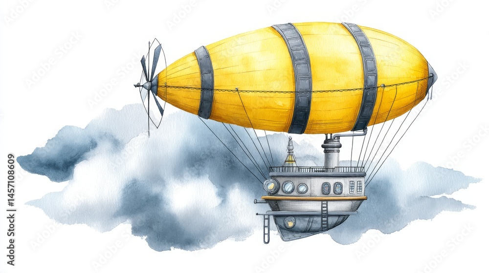 Obraz premium Watercolor Steampunk Airship Above Clouds - A whimsical watercolor painting of a steampunk airship soaring through fluffy clouds, symbolizing adventure, innovation, imagination, exploration