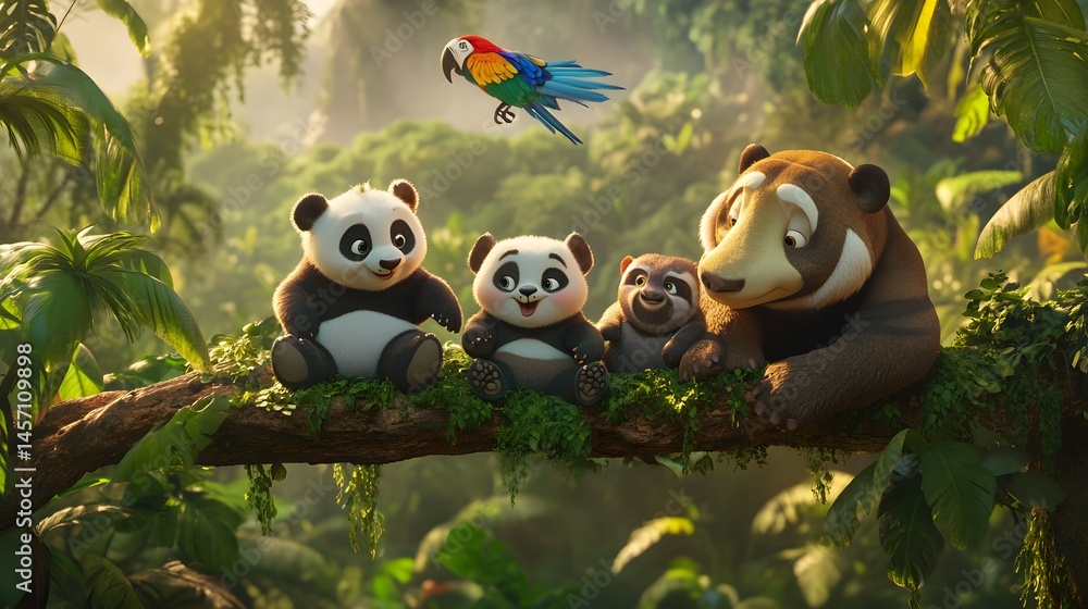 Jungle family resting on a branch. Jungle family resting on a branch.