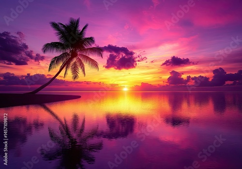 A stunning sunset over the tropical beach, with palm trees and crystal-clear waters