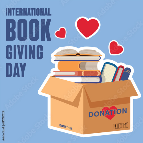 Cardboard box filled with donates of books. Educational knowledge donation concept. Vector Illustration of Cartoon cardboard donation box to International Book Giving Day. 
