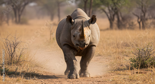 Majestic Black Rhinoceros Walking on African Savanna