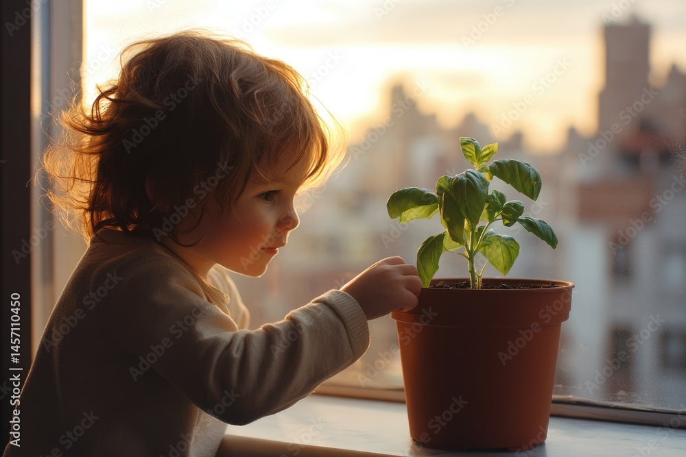 A toddler curiously examines a basil plant in a terracotta pot, bathed in the golden light of a sunset. A toddler curiously examines a basil plant in a terracotta pot, bathed in the golden light of a sunset.