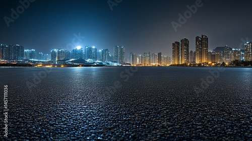 Nighttime Chongqing panoramic skyline modern skyscrapers glowing brightly asphalt road square sharp reflections clean urban feel. 
