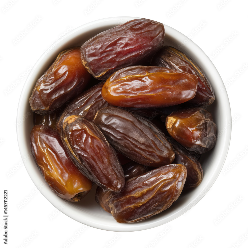 Sweet medjool dates in white bowl on transparent background Sweet medjool dates in white bowl on transparent background