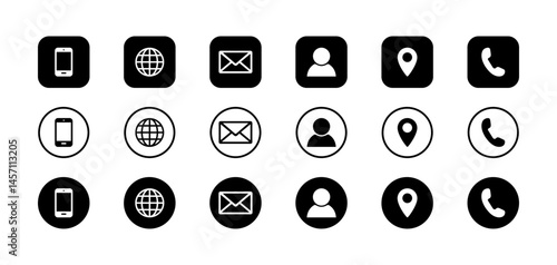 Web icon set. Business card icon set. Set of contact us icons for web and website. Contact icons phone, call, location, globe, use for web and website.