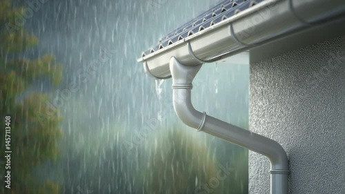 Rainwater flowing from a gutter downspout on a house during a heavy rainstorm, with blurred greenery in the background