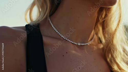 Elegant close-up of a young woman showcasing luxurious jewelry with precious stones around her neck, perfect for fashion enthusiasts