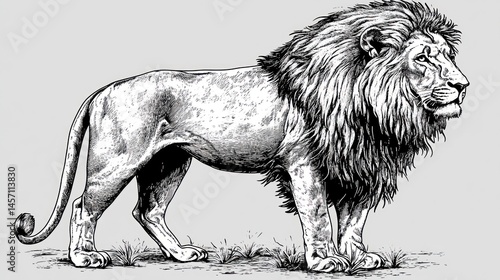 Detailed black and white illustration of a majestic lion, standing tall with its impressive mane