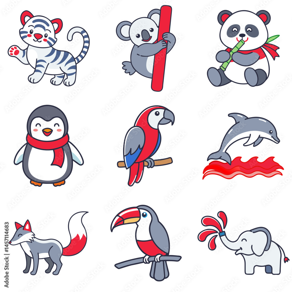Obraz premium Charming animal icons featuring diverse wildlife in playful style