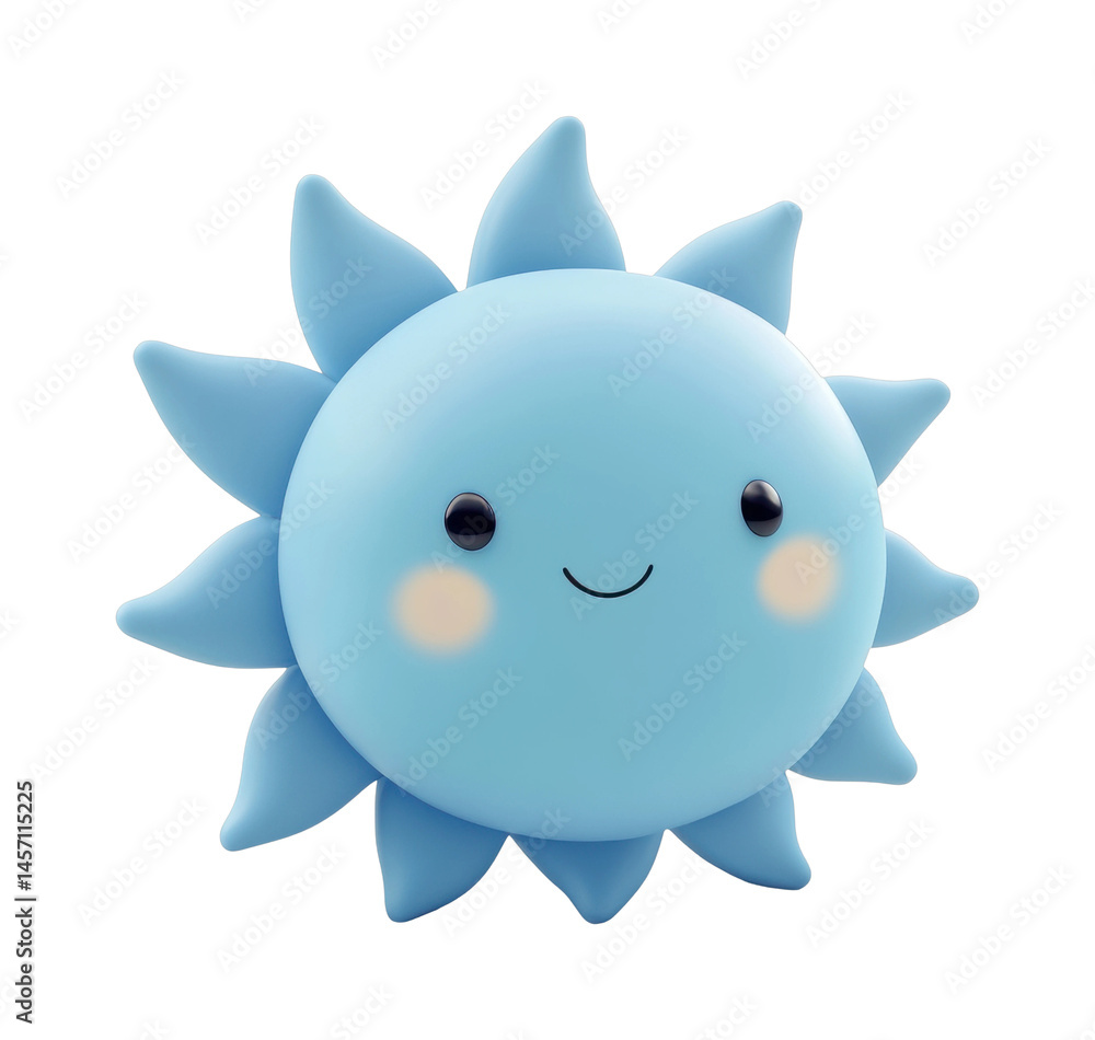 Fototapeta premium Cute smiling blue sun with soft rounded rays and cheeks, cut out - stock png.