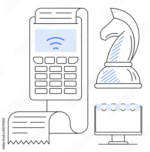 POS terminal with receipt, chess knight for strategy, connected monitor. Ideal for payment systems, strategy, e-commerce, retail, decision-making finance technology. Flat simple metaphor